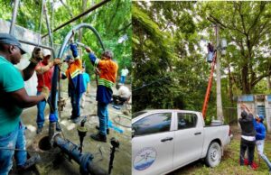 Obreros instalan bomba sumergible